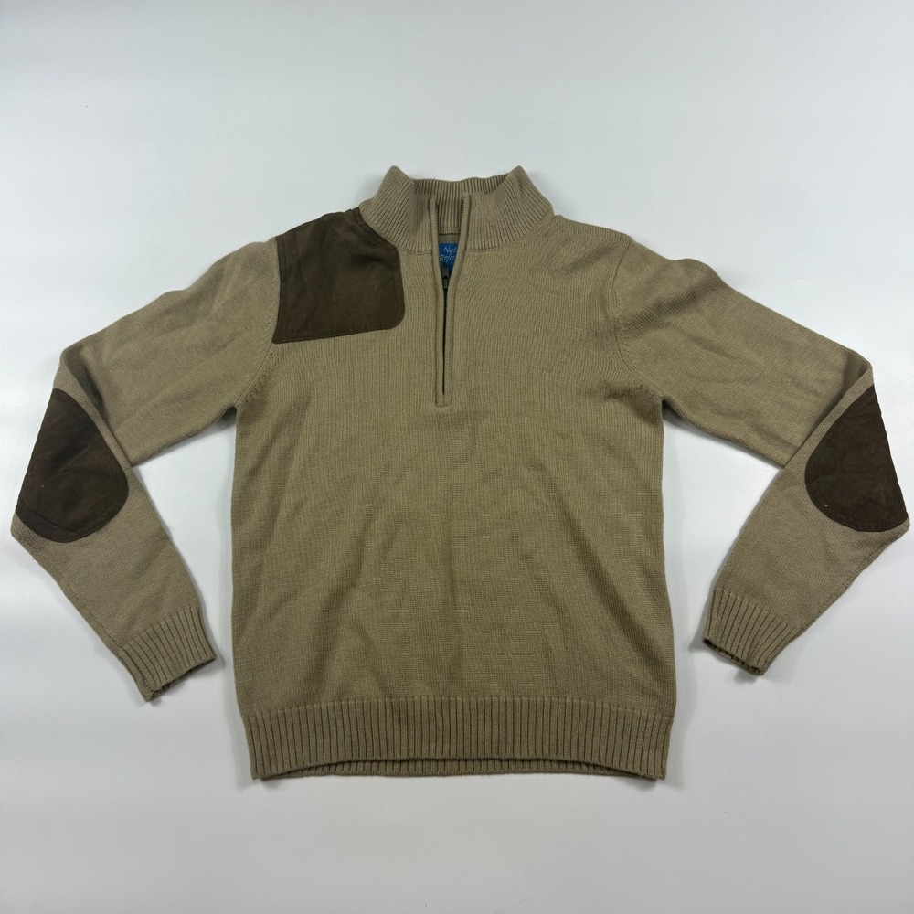Natural Reflections Sweater Mens S Beige Wool Blend Elbow Patch Sleeve 1/4 Zip